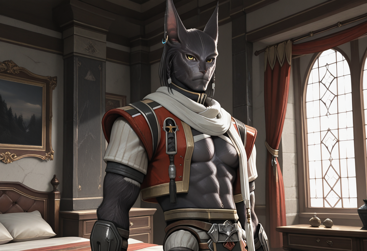 masterpiece, best quality, ultra-detailed, absurdres, TorgalLR, Four arms, 1boy, solo, dark gray fur, feline, braided hair, golden eyes, animal ears, white scarf, earring, standing, upper body, portrait, bedroom, side angle, pectorals, looking at viewer <lora:NOOB_vp1_detailer_by_volnovik_v1:.9>  <lora:Torgal_The_Last_Remnant:1>
