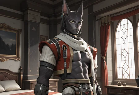 masterpiece, best quality, ultra-detailed, absurdres, TorgalLR, Four arms, 1boy, solo, dark gray fur, feline, braided hair, golden eyes, animal ears, white scarf, earring, standing, upper body, portrait, bedroom, side angle, pectorals, looking at viewer <lora:NOOB_vp1_detailer_by_volnovik_v1:.9>  <lora:Torgal_The_Last_Remnant:1>