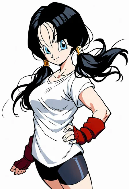 score_9_up, score_8_up, score_7_up, Score_6_up, Score_5_up, Score_4_up, source_anime, (masterpiece, perfectly detailed, detailed face, detailed eyes, beautiful eyes), (ultra HD quality details), 8K, extremely detailed, highres, Mevak_PS, videldbz, black hair, blue eyes, 1girl, bike shorts, black hair, blue eyes, breasts, closed mouth, fingerless gloves, gloves, long hair, looking at viewer, shirt, simple background, smile, solo, twintails, white background, white shirt