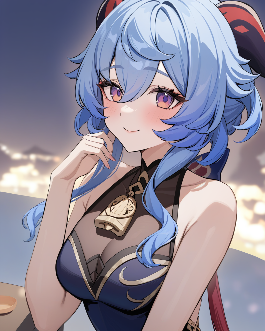 masterpiece,best quality,<lora:ganyu_new:1>,ganyu_(heytea)_(genshin_impact), 1girl, ganyu \(genshin impact\), solo, looking at viewer, smile, neck bell, blush, alternate costume, china dress, upper body