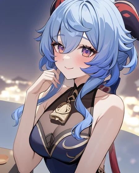 masterpiece,best quality,<lora:ganyu_new:1>,ganyu_(heytea)_(genshin_impact), 1girl, ganyu \(genshin impact\), solo, looking at viewer, smile, neck bell, blush, alternate costume, china dress, upper body