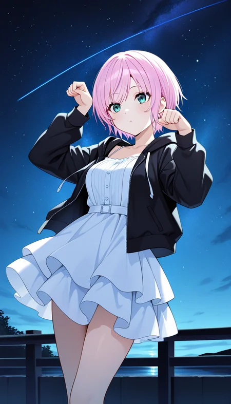 masterpiece, best quality, very aesthetic, absurdres,
solo, 1girl,
nijiriri, blue eyes, green eyes, pink hair, short hair,
sundress, layered skirt, hooded jacket, black jacket,
night, cat pose, outside, stars in sky,