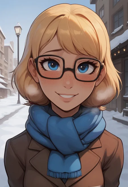safe_pos, safe_pos, safe_pos, safe_pos, score_9, score_8_up, score_8, upper body, 1girl, solo, sexy woman, perfect face, small breasts, thin, short blonde hair, low pigtails, bangs, blue eyes, freckles, cute face, glasses, perfect detailed face, white collared shirt, brown blazer, long sleeves, short pleated skirt, blue scarf around neck, black thigh highs, visible breath, outdoors, snow, university, buildings, street, sidewalk, looking at viewer, blush, shy smile, sweet smile, closeup