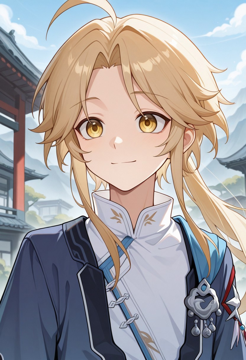 masterpiece,best quality,amazing quality, source_anime, 
Yanqihonk, 1boy, male focus, yellow eyes, blonde hair, long hair, ponytail, chinese clothes, shirt, white shirt, kimono, blue kimono, outdoor, smile,