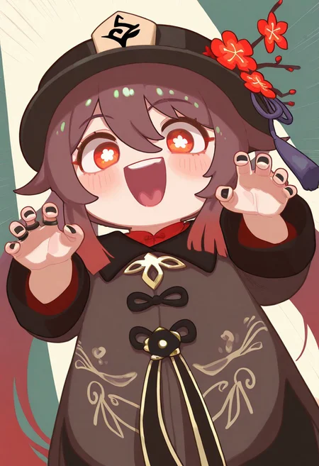 COLIG_ST, PSTL_ST, CuteChibi_ST, CTCB_ST, masterpiece, best quality, very aesthetic, high resolution, ultra-detailed, absurdres, newest, extremely detailed eyes, beautiful, perfect lighting, hi res, amazing quality, very awa, Brightly Lit, Highly Visible, 8k, sharp focus, beautiful, perfect lighting, volumetric lighting, scenery, painting_(artwork), full shot, grimaces, emoji, frightening, 1girl, solo, long hair, looking at viewer, smile, open mouth, bangs, simple background, brown hair, long sleeves, hat, hair between eyes, twintails, flower, :d, chibi, nail polish, black eyes, black headwear, chinese clothes, black nails, hat ornament, emphasis lines, hat flower, claw pose, hu tao \(genshin impact\),