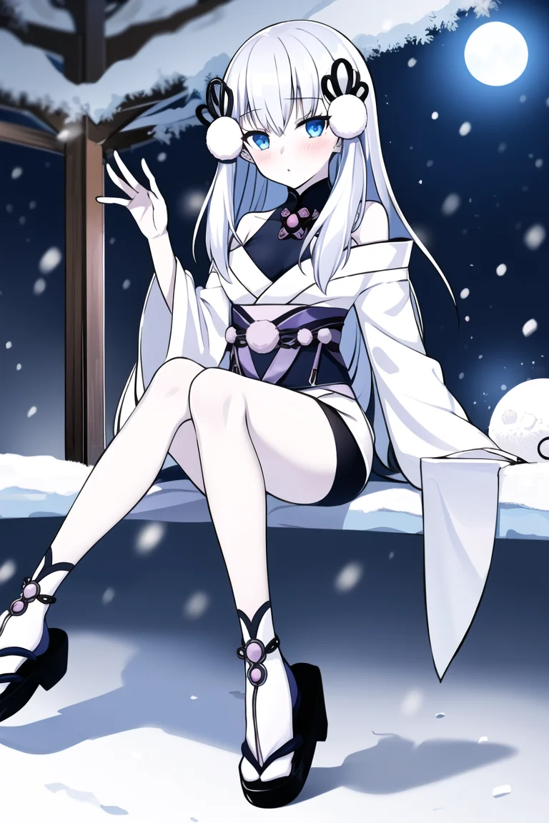 <lora:YukiOnnaYGOv2-20:0.8>,
YukiOnnaYGO, IceMayakashi , 1girl, small breasts, sandals , solo, looking at viewer, snow storm , blush, sitting, night, snow, winter, dark, pale skin, full moon, bare legs, thighs