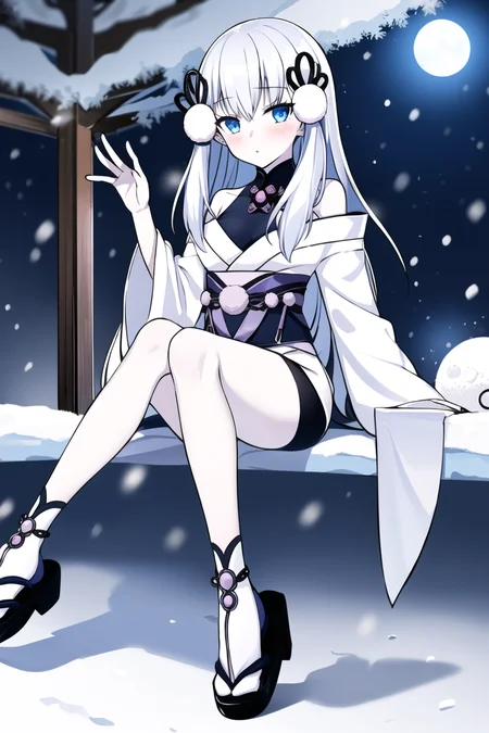 <lora:YukiOnnaYGOv2-20:0.8>,
YukiOnnaYGO, IceMayakashi , 1girl, small breasts, sandals , solo, looking at viewer, snow storm , blush, sitting, night, snow, winter, dark, pale skin, full moon, bare legs, thighs