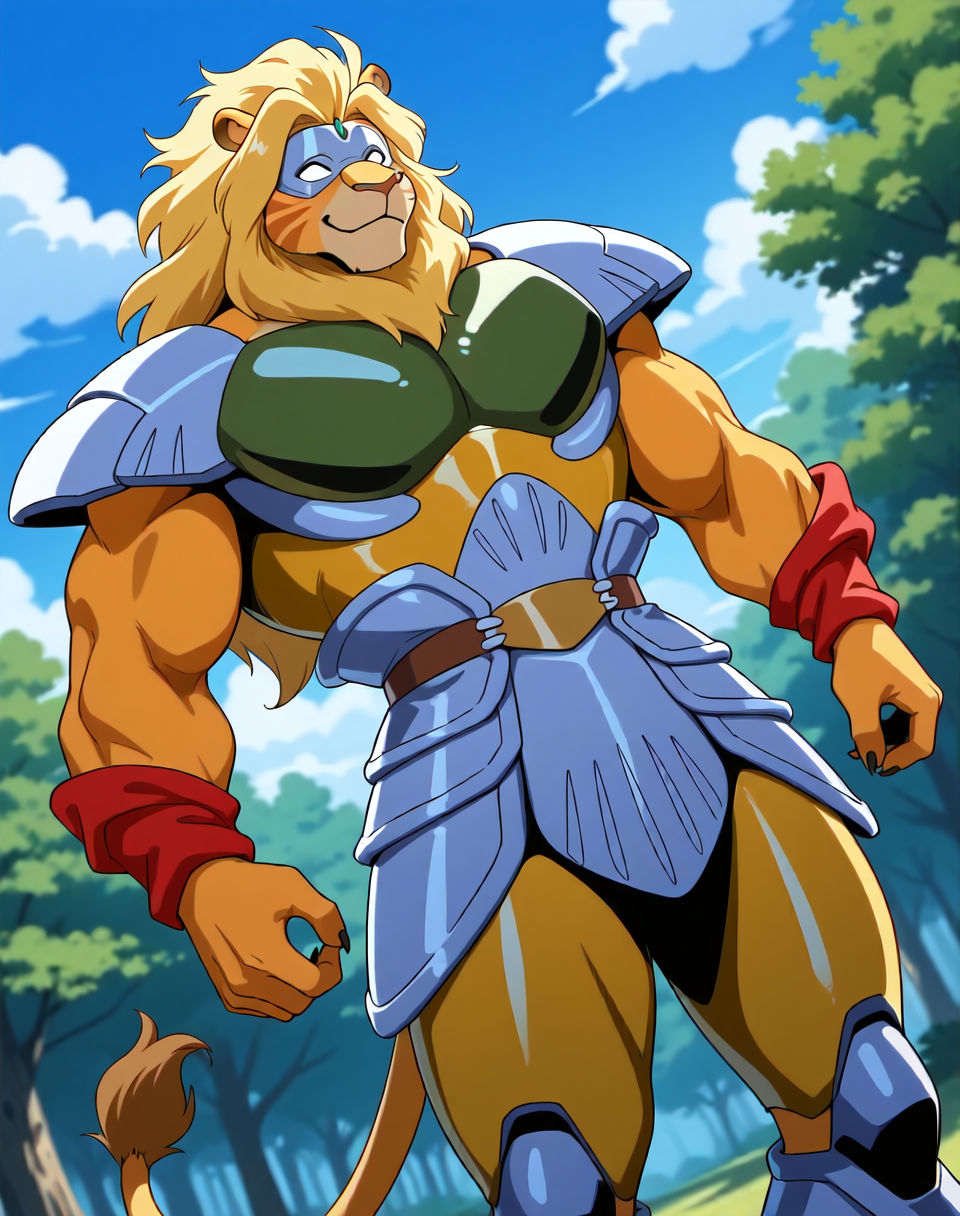 <lora:Kutal_(Shinzo)_(Illustrious)_(AD):1.35> Kutal, muscular, Shinzo, 
exterior, vivid anime blue sky with detailed clouds, forest, deep valley, 
dynamic action, dutch angle, solid white eyes, smile, solo, eye mask, cowboy shot, lion tail, bent leg, yellow hair, 
large biceps, large muscular shoulders, large muscular arms, large muscular thighs, orange body, orange fur, orange skin, 
BREAK: very awe, aesthetically pleasing, masterpiece, best quality, amazing quality, very aesthetic, perfect depth of field shot, subsurface reflections, gradient coloring, source_furry, furry_art, 
BREAK: lazympos, lazypos (3),