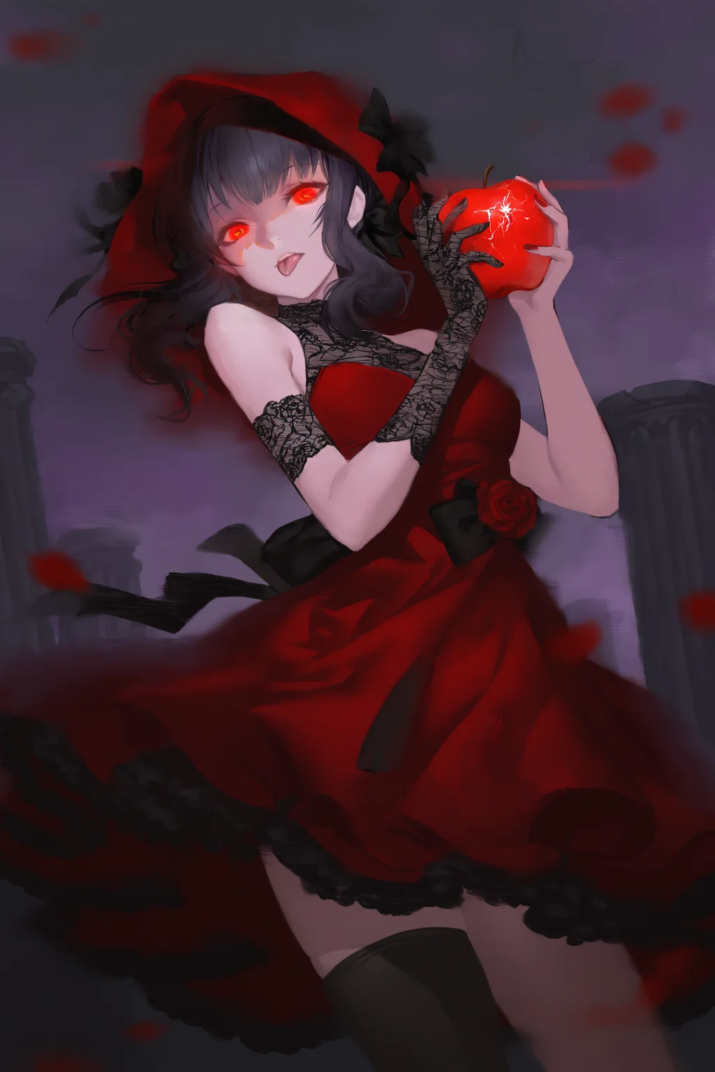 impasto,(nat the lich:0.9),(artist:alphonse \(white datura\):0.7),(weri:0.4),
tongue out,flower,hat,holding apple,red dress,red hat,bare shoulders,layered dress,single thighhigh,red rose,black gloves,fishnet gloves,asymmetrical gloves,sleeveless dress,cowboy shot,black bow,black ribbon,black thighhighs,lace,lace trim,frilled dress,nail polish,single glove,
cowboy shot, blurry, eye pattern, eye of the storm, looking at viewer, cast spell, hood up, robe, glowing eyes, visual impact, fog, broken cloud, scattered light, (crack:1.103), floating black rock, pillar, wind, airflow, gradient sky, overexposure, strong light and shadow contrast, (dynamic fuzzy:0.952), dynamic angle, purple, element opposition, light-dark transitio,
very awa,masterpiece,best quality,year 2024,newest,highres,absurdres,