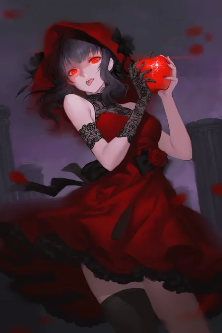 impasto,(nat the lich:0.9),(artist:alphonse \(white datura\):0.7),(weri:0.4),
tongue out,flower,hat,holding apple,red dress,red hat,bare shoulders,layered dress,single thighhigh,red rose,black gloves,fishnet gloves,asymmetrical gloves,sleeveless dress,cowboy shot,black bow,black ribbon,black thighhighs,lace,lace trim,frilled dress,nail polish,single glove,
cowboy shot, blurry, eye pattern, eye of the storm, looking at viewer, cast spell, hood up, robe, glowing eyes, visual impact, fog, broken cloud, scattered light, (crack:1.103), floating black rock, pillar, wind, airflow, gradient sky, overexposure, strong light and shadow contrast, (dynamic fuzzy:0.952), dynamic angle, purple, element opposition, light-dark transitio,
very awa,masterpiece,best quality,year 2024,newest,highres,absurdres,
