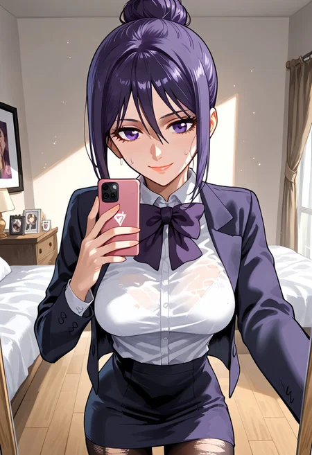 score_9, score_8_up, score_7_up, 2d, screen capturing,selfie, mirror, large breasts, holding one phone, Bedroom, at nighttime, sweating,smile, closedmouth,Expressiveh,BREAK
 1girl,solo,Nikaido Hikari,purple eyes,purple hair,hair between eyes,single hair bun, medium breasts, 
,jacket,pencil skirt,suit,bowtie,formal,long sleeves,pantyhose,(torn shirt: 1.2),(torn pantyhose:1.2)