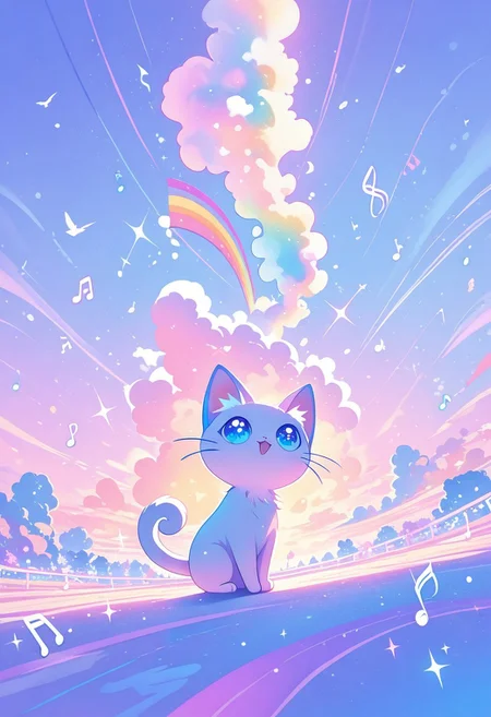 a cute cat standing upright,big and expressive eyes, fluffy fur, playful demeanor,
musical note, rainbow, sparkle, sunlight, bird,
pastel colors, colorful,
masterpiece, high score, great score, absurdres,detailed skin,photo,realistic,
sometyome_illu, abstract, S4ilor_style_illu, ethereal lighting, dreamy atmosphere, ethereal lighting, dreamy atmosphere, whimsical, enchanted