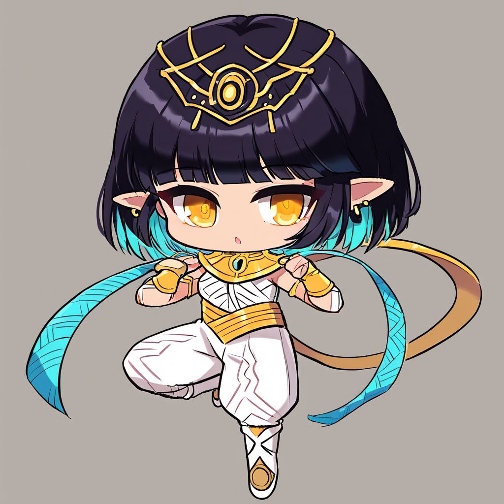 khali, female, woman, girl, gold earrings, black hair, blue hair, pointy ears, 1girl, yellow eyes, two-tone hair, short hair, egyptian clothes, amber eyes, gold tiara, gold eyes, two tone hair, solo, cuteartstyle, full body, chibi, chibi style, good hands, well drawn hands, well-drawn hands, good anatomy, good quality, good art, detailed, detailed face, detailed eyes, easynegative, masterpiece