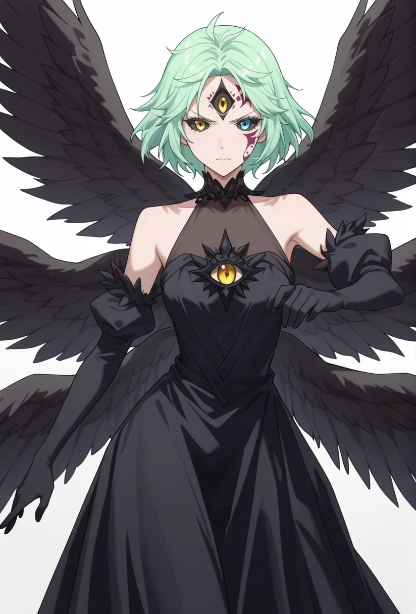 Smooth Quality,masterpiece,very intricate, high quality details, ultra realistic, high detailed skin,detailed enviorement,absurdres,
simple background, white background,solo,angry,
front view,dancing,
kubrick stare,
<lora:Mjurran_cnn:0.7> mjurrancnn, demjurrancnn,1girl, short hair, + long hair, green hair, yellow eyes, blue eyes, facial mark, colored sclera, black sclera, heterochromia, third eye, extra eyes,
black dress, floating, multiple wings, black wings,