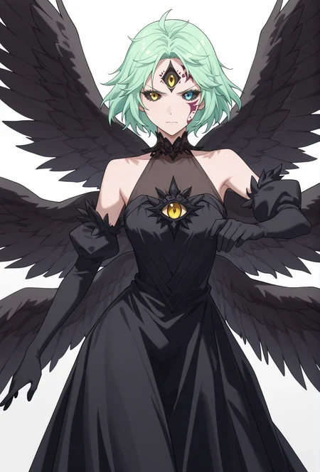 Smooth Quality,masterpiece,very intricate, high quality details, ultra realistic, high detailed skin,detailed enviorement,absurdres,
simple background, white background,solo,angry, 
front view,dancing, 
kubrick stare,
 <lora:Mjurran_cnn:0.7> mjurrancnn, demjurrancnn,1girl, short hair, + long hair, green hair, yellow eyes, blue eyes, facial mark, colored sclera, black sclera, heterochromia, third eye, extra eyes,
black dress, floating, multiple wings, black wings,