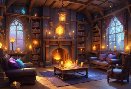 magic academy, gentle flickering lights common rooms, fireplace armchairs, puzzle cubes,board games,enchanted lamps, room expansion spells,magical heaters, , , ever-clean floors, magical, fantasy