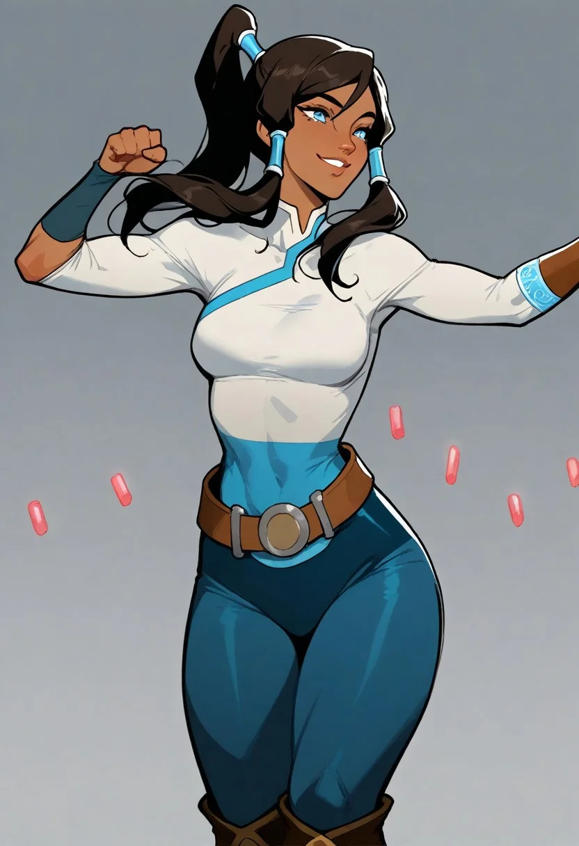 4RCH0N, Jabstyle, Expressiveh, Score_9, score_8_up, score_7_up, score_6_up, dynamic pose, KOrra, ,1 young woman, solo, femenine, blue eyes, brown eyelashes, brown hair, long hair, ponytail, dark skin, dark-skinned female, hair tubes, topknot,, tiny waist, perfect waist to hip ratio, flat stomach, eyesHD, detailed eyes, orgasmic look, smile, female focus, perfect face, perfect anatomy, perfect legs, detailed eyes, high definition eyes, most erotic picture in the world, medium breasts, firm breasts, (intricate detailing:1.6 faces & eyes & ears & nose & lips & skin & curves & shapes & body parts & anatomy),(wearing: bodysuit, red gloves, belt,knee boots), sexy, (seductive-pose:1.4), shikairo days dance, shikairo days dance (meme), dancing, meme, clenched hands, glowsticks, smile, cowboy shot, blank background, seductive, innocent, sharp, rating_explicit