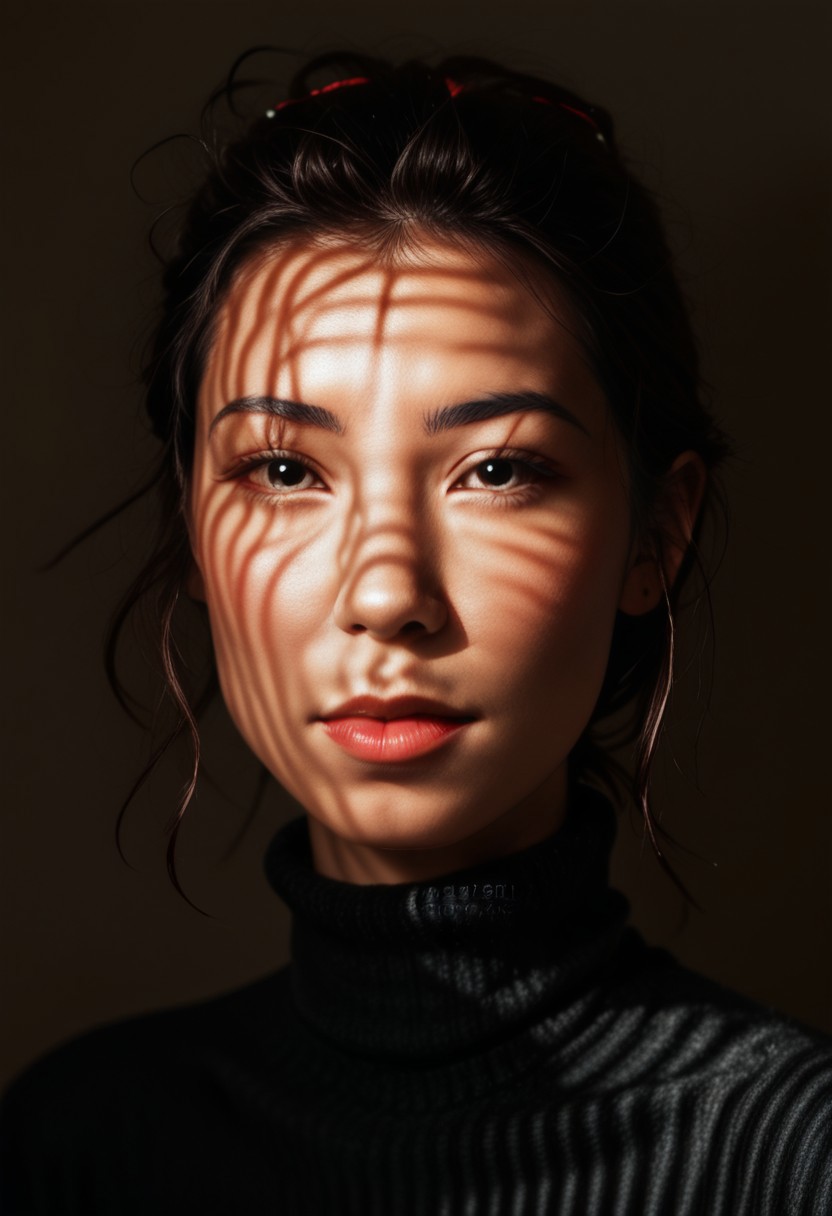 score_9, score_8_up, score_7_up, score_6_up, photorealistic, DRKDL, dramatic lighting, low key,  dark theme, spot color, shadows,
BREAK 
<('karen': ('Pretty Face'+'Manic Pixie'+'asian features'+'red lips',
'looking at viewer'+'black turtleneck'))>,