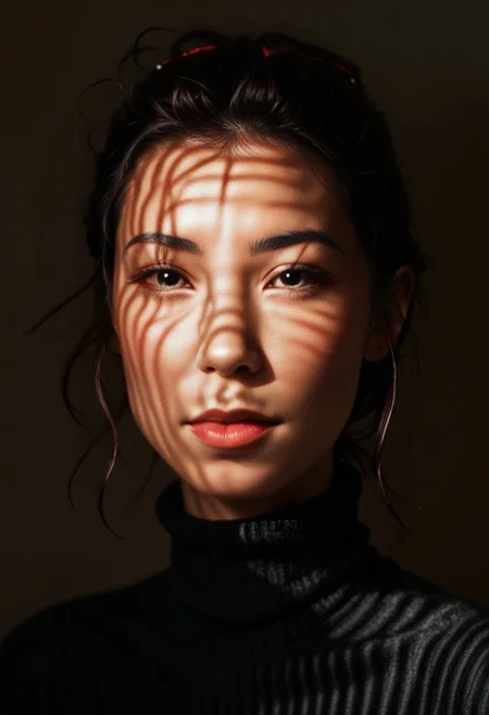 score_9, score_8_up, score_7_up, score_6_up, photorealistic, DRKDL, dramatic lighting, low key,  dark theme, spot color, shadows,
BREAK 
<('karen': ('Pretty Face'+'Manic Pixie'+'asian features'+'red lips',
'looking at viewer'+'black turtleneck'))>,