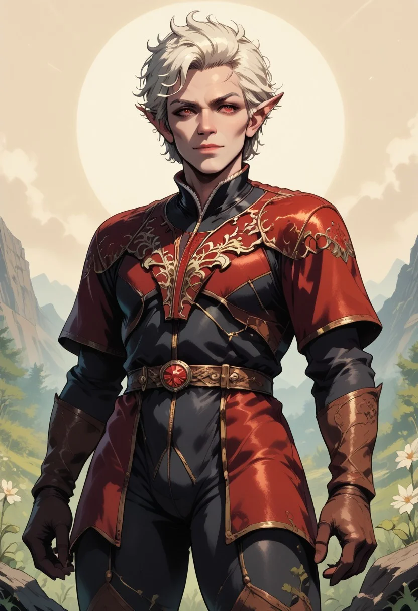 female focus, solo focus, solo, score_9, score_8_up, score_7_up, Astarion, 1man, solo, white hair, long ears, black and red leather doublet, black pants, black boots,