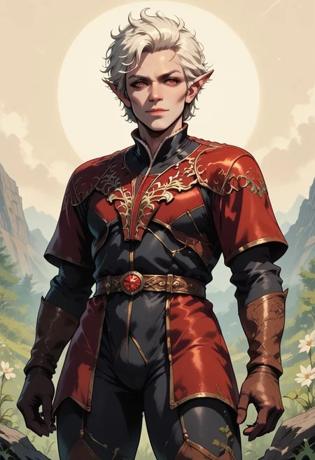 female focus, solo focus, solo, score_9, score_8_up, score_7_up, Astarion, 1man, solo, white hair, long ears, black and red leather doublet, black pants, black boots,