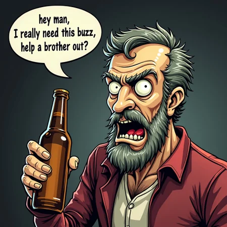 A sleazy alcoholic holds an empty beer bottle, staring at the viewer, speech bubble (text: "hey man, I really need this buzz, help a brother out?")