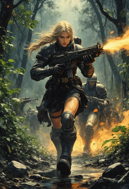 An epic cinematic film still of a beautiful karolineleavitt, charging into battle. She is wearing black skirt, and is armed with a heavy bolter. karolineleavitt has blonde hair with a long braid and bangs. The shot is taken at hip level and gives the impression of running. The scene is set in lush jungle of the death world, Catachan, she is shooting her bolter gun at an enemy outside of the frame chasing after her, empty bullet casting flying in the air, tracer bullets are whizzing by her, but she stands firm and resolute as the flame from gunfire is casting lights and shadows adding a dramatic sense to the scene, epic battle, night time, explosions, life or death battle, grimdark, cinematic color grading, highest quality. highly detailed, watercolor anime style. Dystopian, shades of gray with highlight colors. Angled, legs apart, pointing gun at camera. Extreme perspective. Action pose with gun. Cinematic action style. <lora:RetroAnimeFluxV1:0.7> <lora:Mezzotint_Artstyle_for_Flux_-_by_Ethanar:0.6> <lora:Karoline_Leavitt_FLUX:1> <lora:CPA:0.7> anime