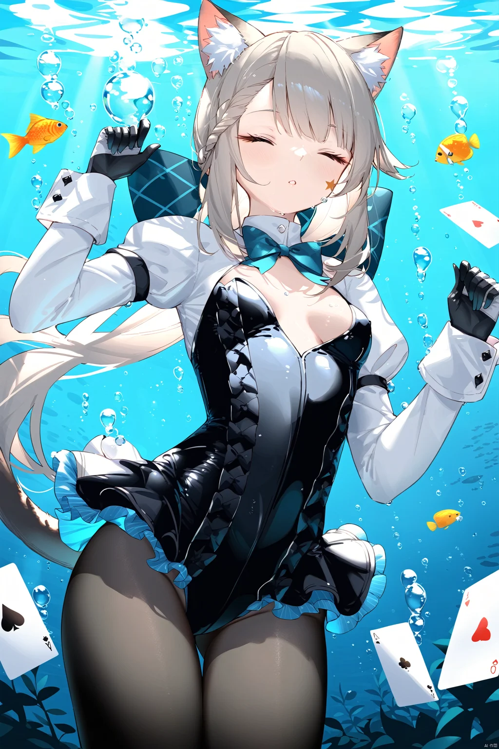 masterpiece, best quality,8K,detailed,(good hands:0.5),
1girl, animal ears, cat ears, solo, pantyhose, closed eyes, underwater, card, fish, bow, long hair, frilled leotard, gloves, air bubble, long sleeves, cat girl, bubble, black pantyhose, leotard, breasts, black gloves, parted lips, frills, black leotard, cat tail, submerged, two-tone gloves, animal ear fluff, small breasts, playing card, cowboy shot, star \(symbol\), hands up,lnt, def clothe,
<lora:EMS-330674-EMS:0.700000>