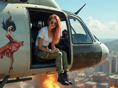 SFW, a colorful, high contrast, vivid photograph a woman smiles wearing a flight suit with a white T-shirt under and camouflage pants is sitting in the side door of a flying huge helicopter, wearing wire rim sun glasses, long red hair, the tipped forward helicopter is flying just in the air above an apocalyptic combat landscape blown up buildings background below, (a mural of a ballerina in mid jump:1.6) with the word says BUZZ is a logo on the side of the helicopter, the pilot sports a full head helmet and goggles and is looking back toward the woman, smoke and fire emitted from behind the helicopter implies a chaotic scene, Apocalypse-Now Style, highly insanely detailed, masterpiece, top quality, best quality, highres, 4k, 8k, RAW photo