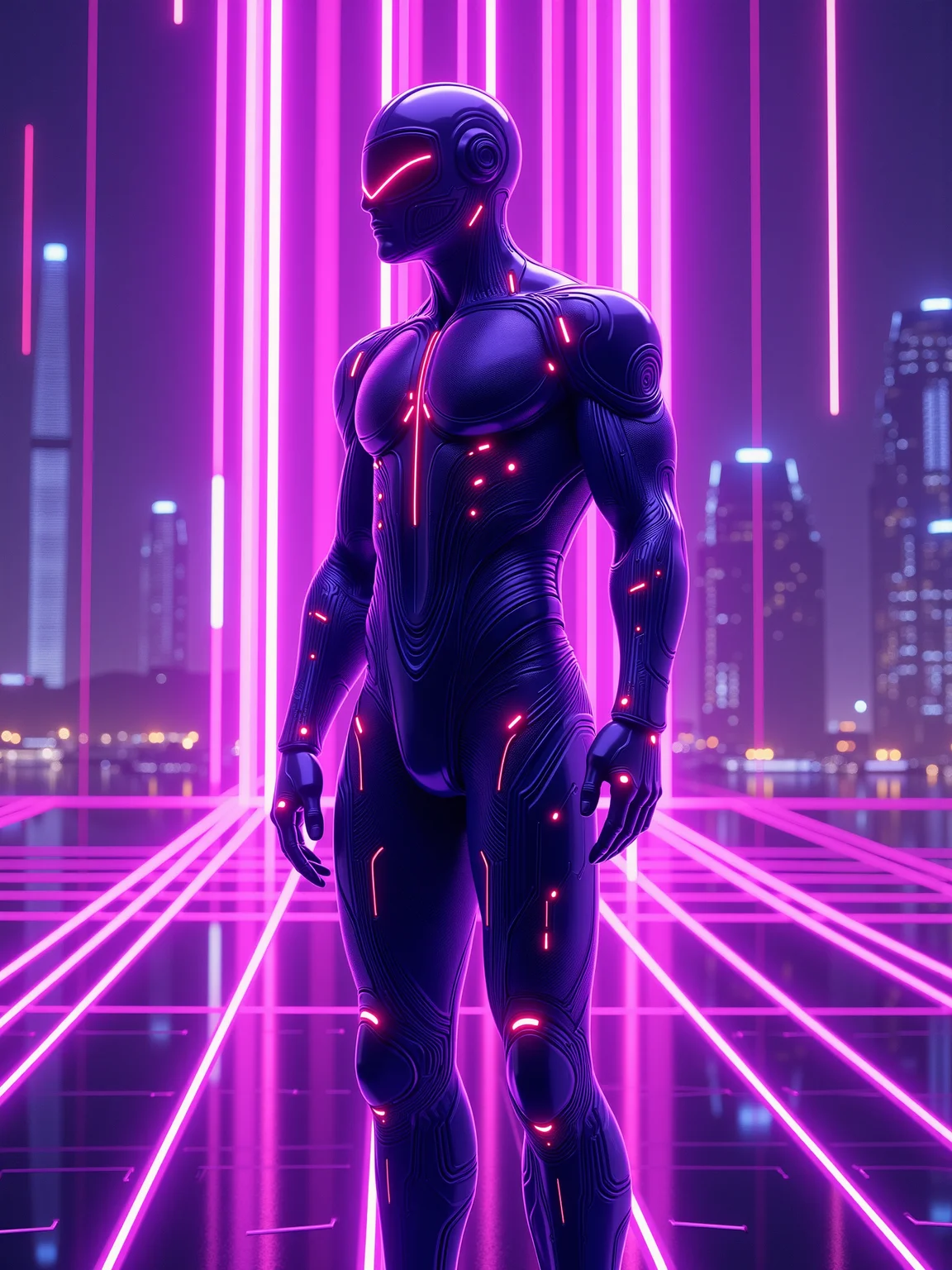 mad-cyberspace, man wearing futuristic bodysuit, dynamic pose, teal glowing outlines, teal coloring, grid, cyberpunk, cityscape, photorealistic <lora:Neon_Cyberpunk_Cyberspace_FLUX:0.8>