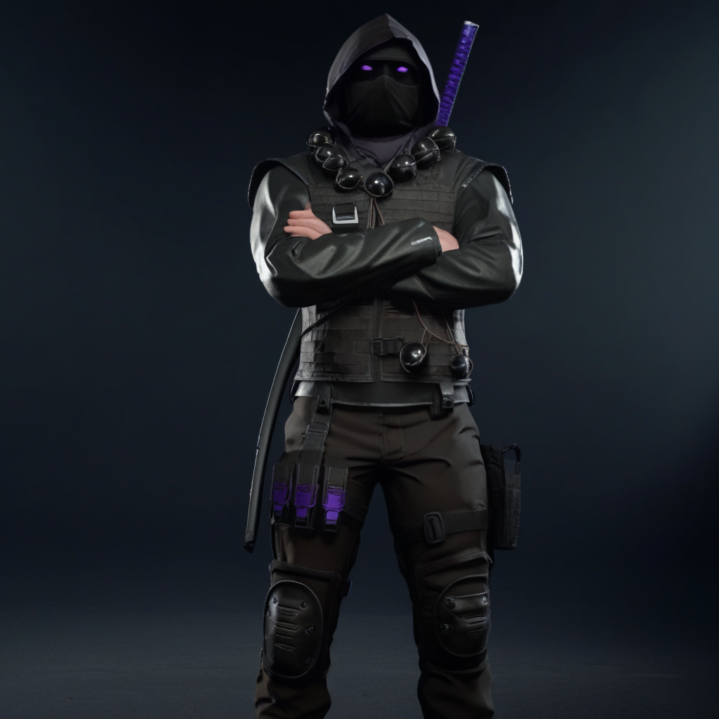male focus, holding gun, long sleeves, weapon, knee pads, crossed arms, hood up, rifle, leather, sheathed, sword