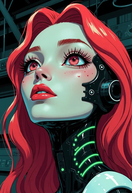 <lora:ck-Goro-Fujita:1>, digital artwork in the style of ckgf, A mesmerizing close-up portrait of an alien woman, her striking features blending extraterrestrial elegance with subtle mechanical elements. Her skin has a smooth, otherworldly texture, adorned with small, organic patterns. Her long, wavy hair cascades around her face, but in the Virtualboy-style palette of red, white, and black. Mechanical elements are seamlessly integrated into her face and neck—sharp, angular pieces emerge like delicate circuitry. The chiaroscuro-inspired lighting brings deep contrast, with bold shadows enhancing her alien beauty. The background features a cyberpunk workshop, and the limited palette emphasize the alien and mechanical features, while a soft green glow outlines parts of her face and hair, creating a futuristic yet nostalgic visual reminiscent of early handheld gaming
<lora:ck-nc-pastel-cyberpunk:0.3>
<lora:ck-MetalGearSolid:0.25>
<lora:RetroAnimeFluxV1:0.25>