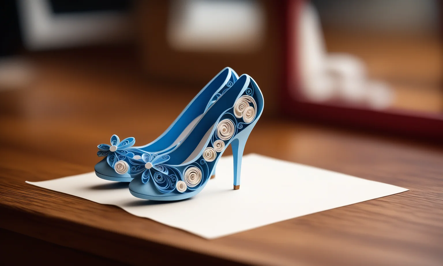 Paper quilling art of <lora:papercarvingcd_xl-000005:0.6>,a pair of high heels made of papercarvingcd_xl in office scene,full body,miniature,tilt-shift,indoors,wooden table,front view,8K,HDR,UHD,masterpiece,best quality,highly detailed,high resolution,finely detail,extremely detailed,ultra detailed,wallpaper . Intricate, delicate, curling, rolling, shaping, coiling, loops, 3D, dimensional, ornamental