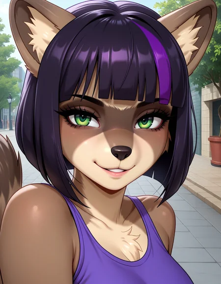 masterpiece, best quality, very aesthetic, absurdres,
outdoors, casual, 
upper body, posing, headshot, 
seductive smile, parted lips, long eyelashes,
 <lora:Ena_v01_NAIXL:1>
3n4,1girl,solo,furry,furry female,raccoon girl,racoon ears,short hair,black hair,purple hair,blunt bangs,bob cut,green eyes,snout,animal nose,body fur,two-tone fur,racoon tail,
