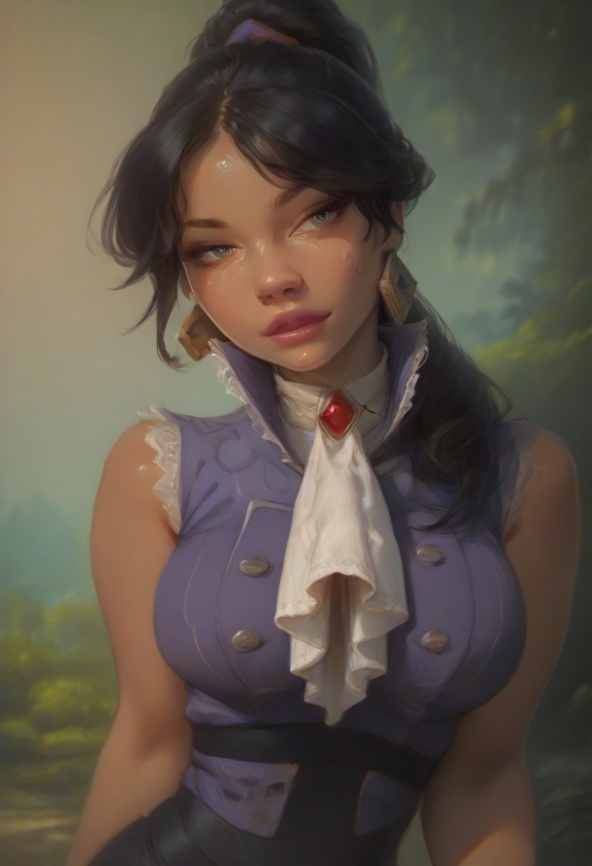 (score_9, score_8_up, score_7_up), score_6_up, best quality, masterpiece, extreme detail, perfect lighting, 4k, 2d, rating_explicit, nsfw, very detailed, best quality, highly detailed texture, depth of field, masterpiece, BREAK, 1girl, ChelXLP, chel, majestic,beautiful bright pupils, black hair, ((ponytail)),green earrings, cute face, (gorgeous face:1.3), (skin detail:1.3), (shadows:1.3), (sweat, steamy, oily, shiny:1.3), ((( black hair, large breasts,perfect body, thick thighs,
high collar, purple vest, white shirt, ascot, long sleeves, black skirt, black pantyhose,dark skin,
 fantasy, solo focus,epic, concept art, realistic, highly detailed, upper body, looking at viewer ))), looking at the viewer, detailed, intricate details, realistic,((( top view))), tan skin,cowboy shot,csr style,g4n1m3,Sculpted grace