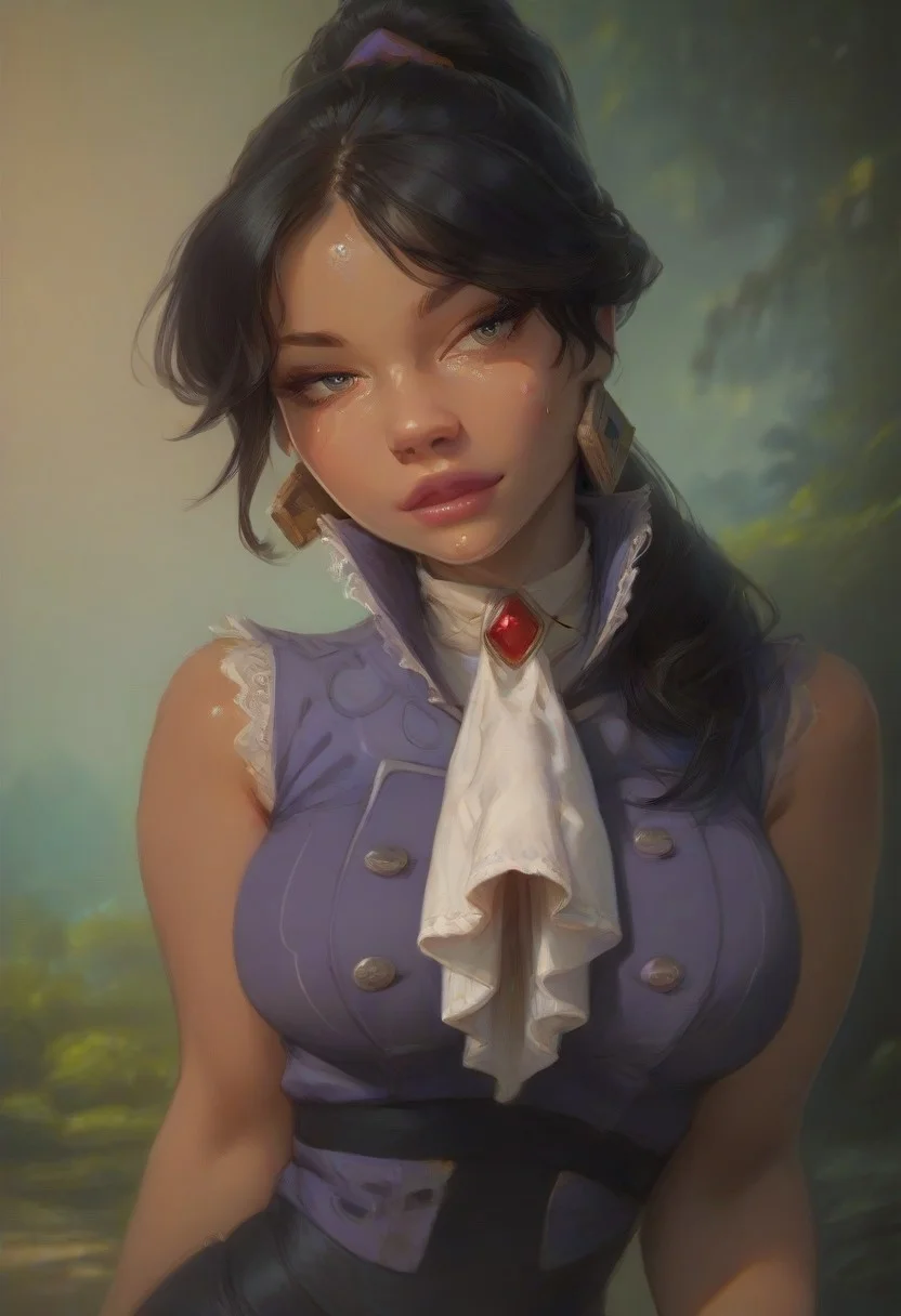 (score_9, score_8_up, score_7_up), score_6_up, best quality, masterpiece, extreme detail, perfect lighting, 4k, 2d, rating_explicit, nsfw, very detailed, best quality, highly detailed texture, depth of field, masterpiece, BREAK, 1girl, ChelXLP, chel, majestic,beautiful bright pupils, black hair, ((ponytail)),green earrings, cute face, (gorgeous face:1.3), (skin detail:1.3), (shadows:1.3), (sweat, steamy, oily, shiny:1.3), ((( black hair, large breasts,perfect body, thick thighs,
high collar, purple vest, white shirt, ascot, long sleeves, black skirt, black pantyhose,dark skin,
fantasy, solo focus,epic, concept art, realistic, highly detailed, upper body, looking at viewer ))), looking at the viewer, detailed, intricate details, realistic,((( top view))), tan skin,cowboy shot,csr style,g4n1m3,Sculpted grace