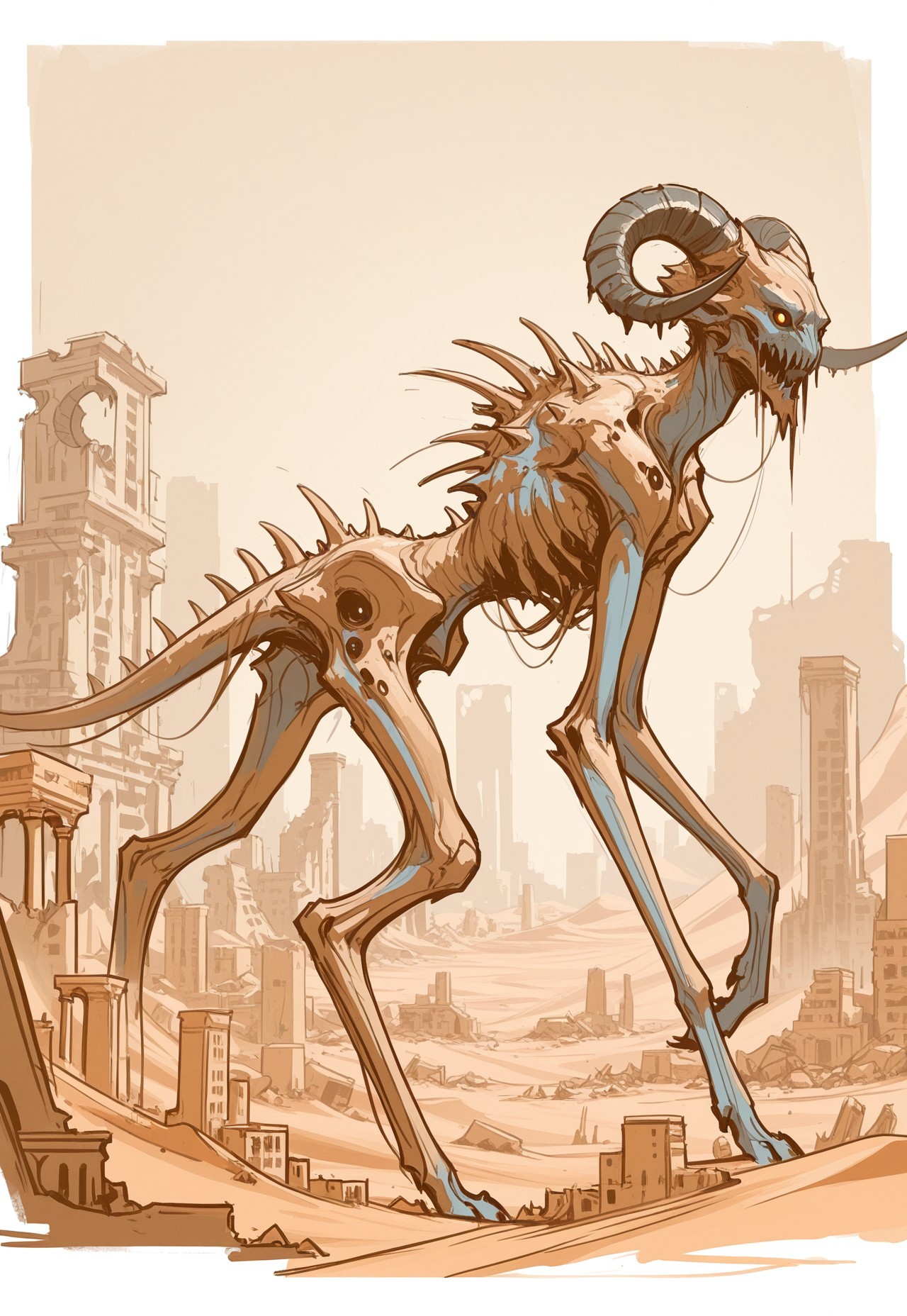 concept art, sketch, best quality, ruins, city, monster, animal, solo, four legs, horns, desert, side view, tail