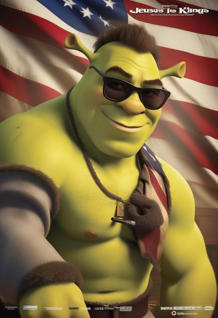 Action shot, Shrek1024 with mustache and sunglasses, (((topless muscular body)),(flexing his arms)),("Jesus*is*king*of*kings" arm tattoo text), (with big mustache), ((((big cigar on his lips)))), smoking, (((sunglasses))), look at viewer, angry, v shape eyebrows, usa flag in frame, huge fire expulsion in frame,,  cinematic explosion style, full body, wide shot, highly detailed, photography, ultra sharp, film, bokeh,  <lora:Shrek1024:0.8>