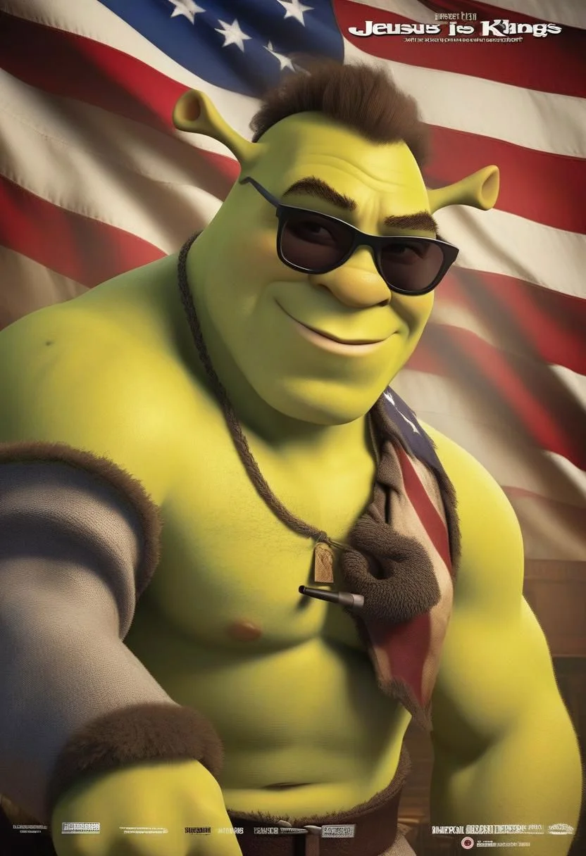 Action shot, Shrek1024 with mustache and sunglasses, (((topless muscular body)),(flexing his arms)),("Jesus*is*king*of*kings" arm tattoo text), (with big mustache), ((((big cigar on his lips)))), smoking, (((sunglasses))), look at viewer, angry, v shape eyebrows, usa flag in frame, huge fire expulsion in frame,, cinematic explosion style, full body, wide shot, highly detailed, photography, ultra sharp, film, bokeh, <lora:Shrek1024:0.8>