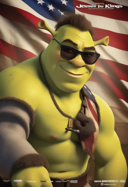 Action shot, Shrek1024 with mustache and sunglasses, (((topless muscular body)),(flexing his arms)),("Jesus*is*king*of*kings" arm tattoo text), (with big mustache), ((((big cigar on his lips)))), smoking, (((sunglasses))), look at viewer, angry, v shape eyebrows, usa flag in frame, huge fire expulsion in frame,,  cinematic explosion style, full body, wide shot, highly detailed, photography, ultra sharp, film, bokeh,  <lora:Shrek1024:0.8>