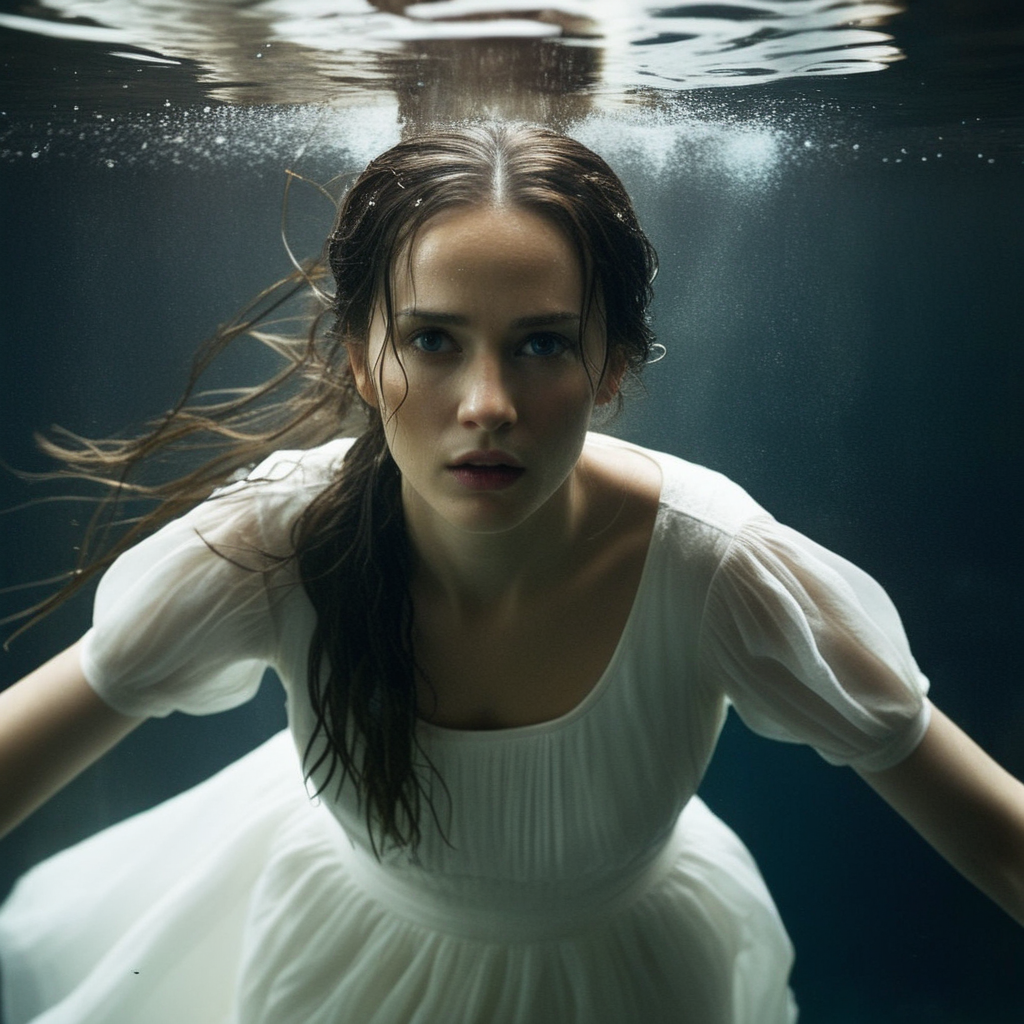 Dark Fantasy Art of <lora:Kodak Motion Picture Film:1.2>  (Sharp Detailed Image)
An Oscar winning movie for Best Cinematography a woman in a white dress is under water with dark background Kodak Motion Picture Film Style, dark, moody, dark fantasy style