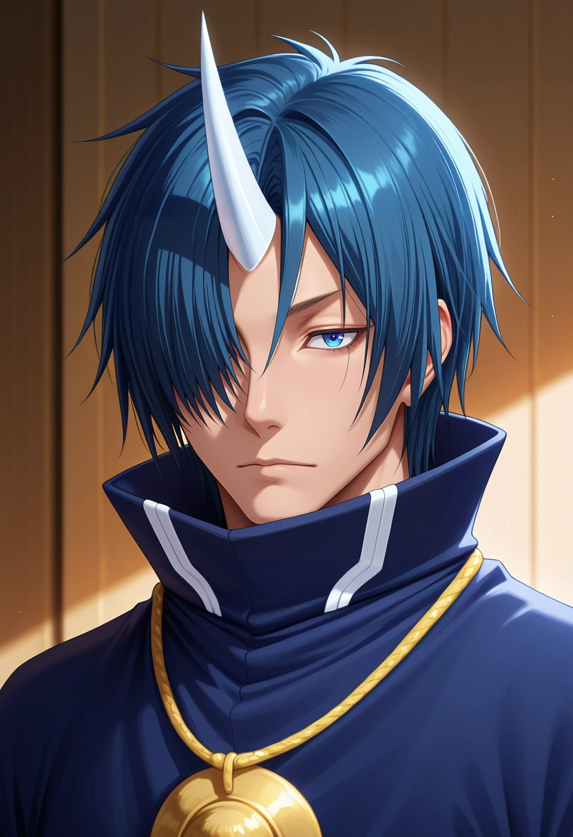 masterpiece, best quality, intricate details, semi-realistic,, 1boy, solo, male focus, <lora:souei_tensura_ilxl:0.92>, souei_tensura, blue hair, blue eyes, hair over one eye, single horn, , ,