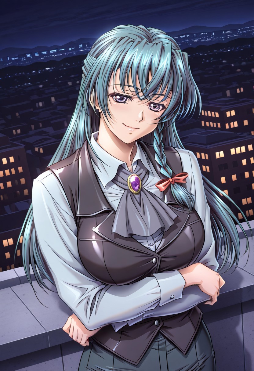 masterpiece, best quality, newest, highres, uncensored, 1girl, yokota mamoru style,1girl, slender face，motion lines, ,Kisaragi Shizuka,Long hair,Teal hair,Tiny Braid,Violet eyes,large breasts,, half updo, bow, long sleeves, vest, ascot, gray ascot, black vest, collared shirt, gemstone,, city skyline, rooftop view, night time, city lights, quiet reflection, smile, looking at viewer, crossed arms, smug, solo,, dutch angle, cowboy shot