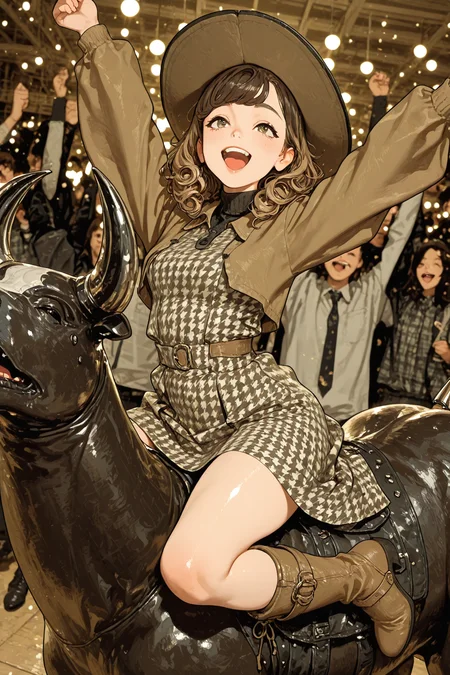 1girl, medium curly hair, brown hair with light brown highlights, side-swept bangs, (tsurime:0.2), hazel eyes, fair skin, tailored peacoat with a houndstooth pattern, fitted turtleneck dress, knee-length suede boots, wide-brimmed felt hat, riding, ((mechanical bull)), ecstatic, people cheering,
masterpiece, best quality, amazing quality, very aesthetic, absurdres, highly detailed, high resolution, newest