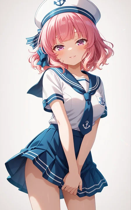 masterpiece,best quality,good quality,amazing quality,newest,4k,perfect lighting,cinematic,very aesthetic,official art,anime screencap,anime coloring,(white background,simple background:1.5),
1girl,solo,nitta moeka,purple eyes,pink hair,short hair,blue hair bow,
m_marine,serafuku,sailor hat,white shirt,short sleeves,blue necktie,sailor collar,anchor symbol,anchor emblem,blue skirt,pleated skirt,miniskrt,thighs,
seductive smile, looking at viewer,facing viewer,standing,cowboy shot,BREAK
<lora:ILmoeka2:1>