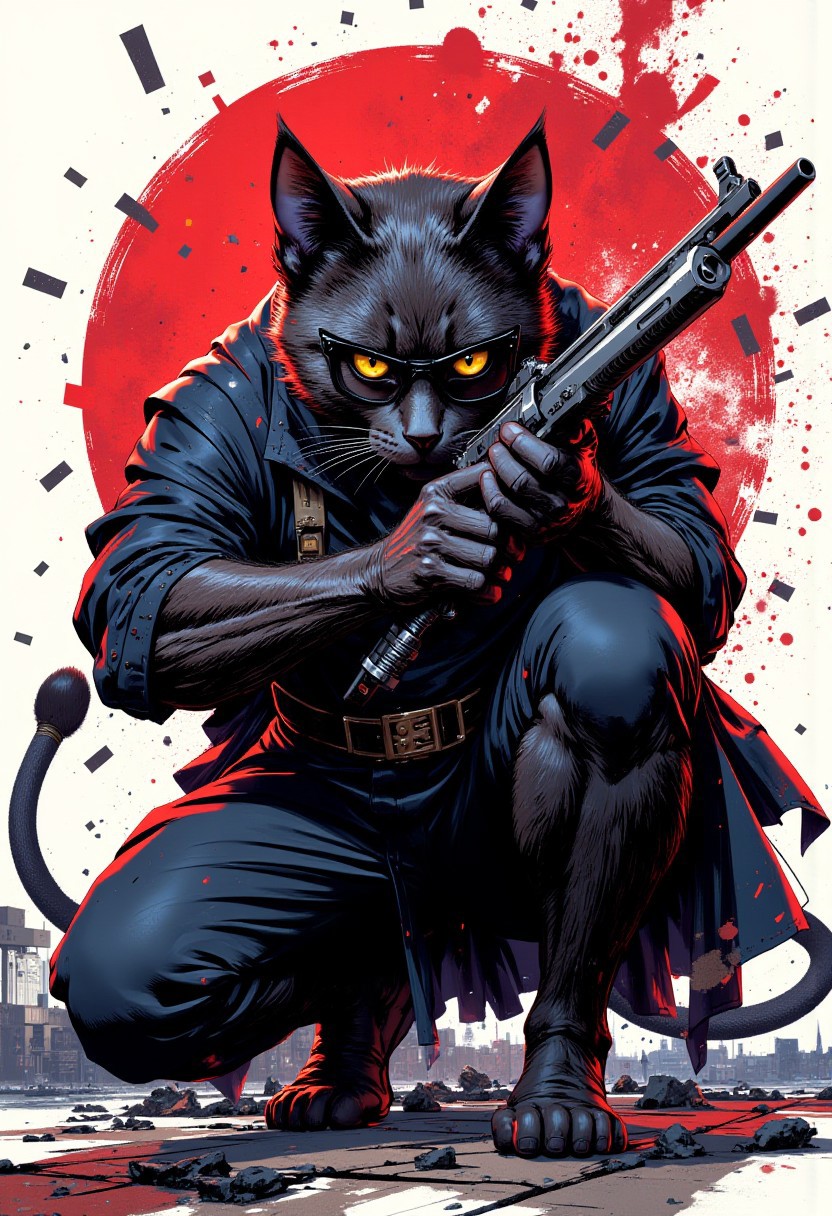 A cat assassin feline figure crouches with his gun, he wears dark glasses, graphic novel feel with clean lines and intricate details, reminiscent of James Bond action poses