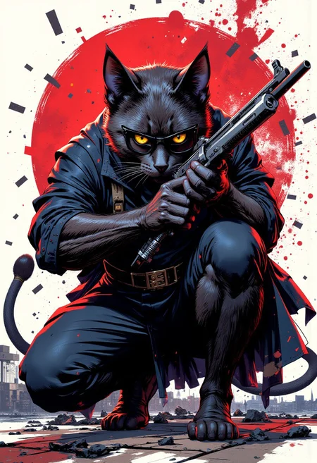 A cat assassin feline figure crouches with his gun, he wears dark glasses, graphic novel feel with clean lines and intricate details, reminiscent of James Bond action poses