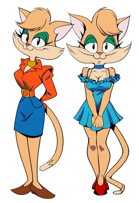 score_9, score_8_up, score_7_up, score_6_up, score_5_up, score_4_up, source_furry, Tabitha_Fantomcat, detailed eyes, detailed face, (retro artstyle, 1990s \(style\), flat color, toon \(style\),1girl, breasts, animal ears, solo,black eyes, furry, furry female,short hair, dress,cat ears,large breasts, cleavage, smile,cat tail, blue dress,cat girl, simple background, choker, white background, full body, v arms, short dress, cat tail, frills, bare shoulders, frilled dress, between legs, looking at viewer
<lora:tabitha-v1:1>