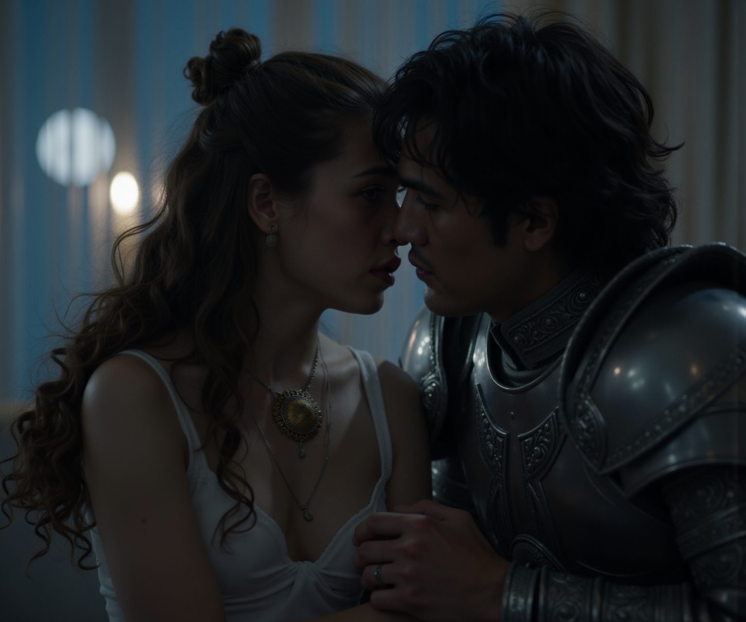 In a dimly lit bedroom, softly illuminated by the glow of a full moon peering through sheer curtains, a beautiful young woman with long, wavy hair styled in intricate buns gazes intently at her partner. Her striking blue eyes are filled with vulnerability, and a delicate necklace adorned with an ornate gold design rests against her fair skin, accentuating her elegance. She wears a fitted white top that softly contrasts with her silver shoulder armor, suggesting strength yet vulnerability. Her partner, equally captivating, leans in closer, his expression marked by longing and deep emotion. Their body language speaks of intense connection; they are almost touching, creating an intimate tension in the air. The soft bedding around them is slightly rumpled from their shared moment, hinting at recent passion and closeness. As the moonlight casts gentle shadows across the room, the atmosphere is charged with intimacy. Their hands are intertwined, fingers gently tracing each other's skin, while tousled hair and smudged makeup hint at the emotional intensity of their connection. The air is thick with unspoken sentiments, perhaps tears of joy or conflicting desires glisten in their eyes. The tableau captures a moment of pure, unguarded emotion—two souls intertwined in a private world, creating a lasting impression of love and vulnerability that echoes the essence of a raw, romantic drama. The softness of the setting and the closeness of the characters evoke an intimate glimpse into their shared heartbeat, inviting the viewer to feel the weight of their connection.