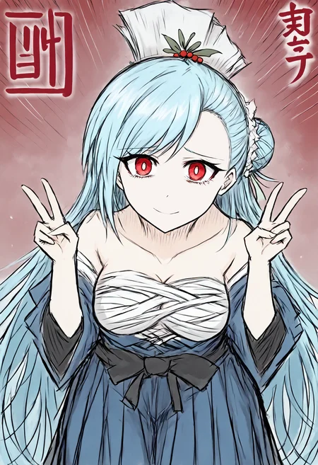 <lora:intricate_details:1> intricate_details_xl, score_9, score_7_up, source_anime, uncensored, zPDXLxxx, convention, (timeless:1.1), surreal, Mistletoe, close-up, cowboy shot, album cover,
1girl, solo, li, medium breasts, light blue hair, single hair bun, swept bangs, mohawk, very long hair, red eyes, looking at viewer, hakama, scared, <lora:BlackSouls_Style_v1.0:1.2> bs style, sketch,
looking at viewer, double v, light smile, standing, leaning forward, chest wraps,